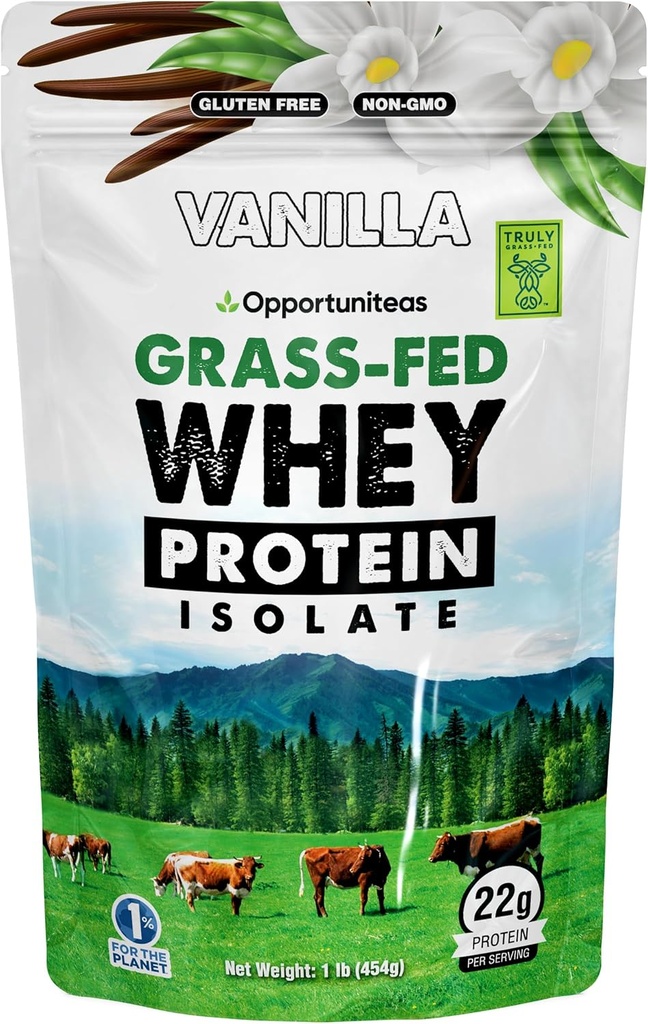 Opportuniteas Grass Fed Vanilla Whey Protein Isolate Powder - 22g Protein Powder uden kunstige sødestoffer, Hormon-Free Cows, Ikke GMO - 1lb