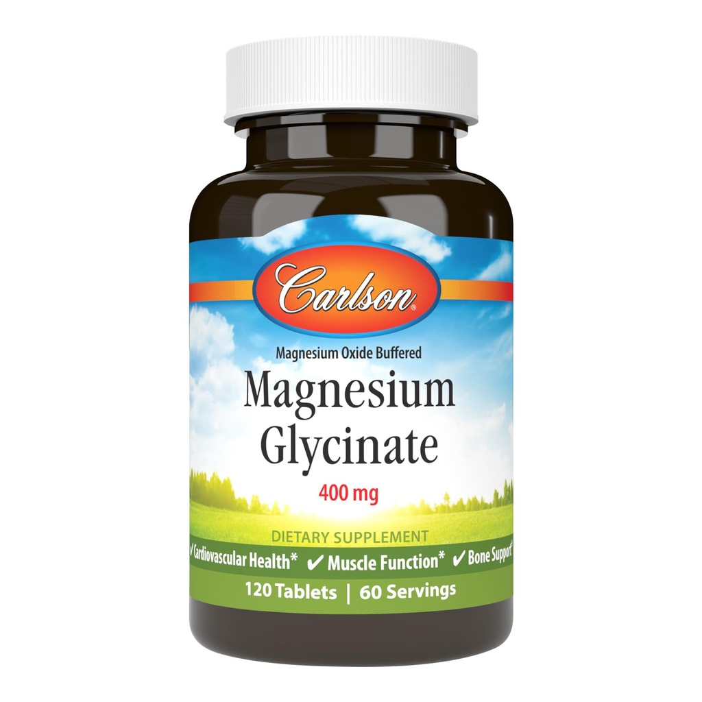Carlson - Magnesium Glycinat, 200 mg, Superior Absorption, Heart Health, Muskelfunktion, Knoglestøtte, 120 tabletter