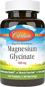 Carlson - Magnesium Glycinate, 200 mg, Superior Absorption, Heart Health, Muscle Function, Bone Support, 120 Tablets