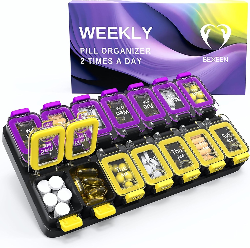 Ekstra stor ugentlig pille Organizer 2 gange en dag - lufttæt pille boks 7 dag - Am Pm Vitamin Case - Medicin Container to uger supplement Holder daglig medicinering opbevaring to gange med XL gul / lilla