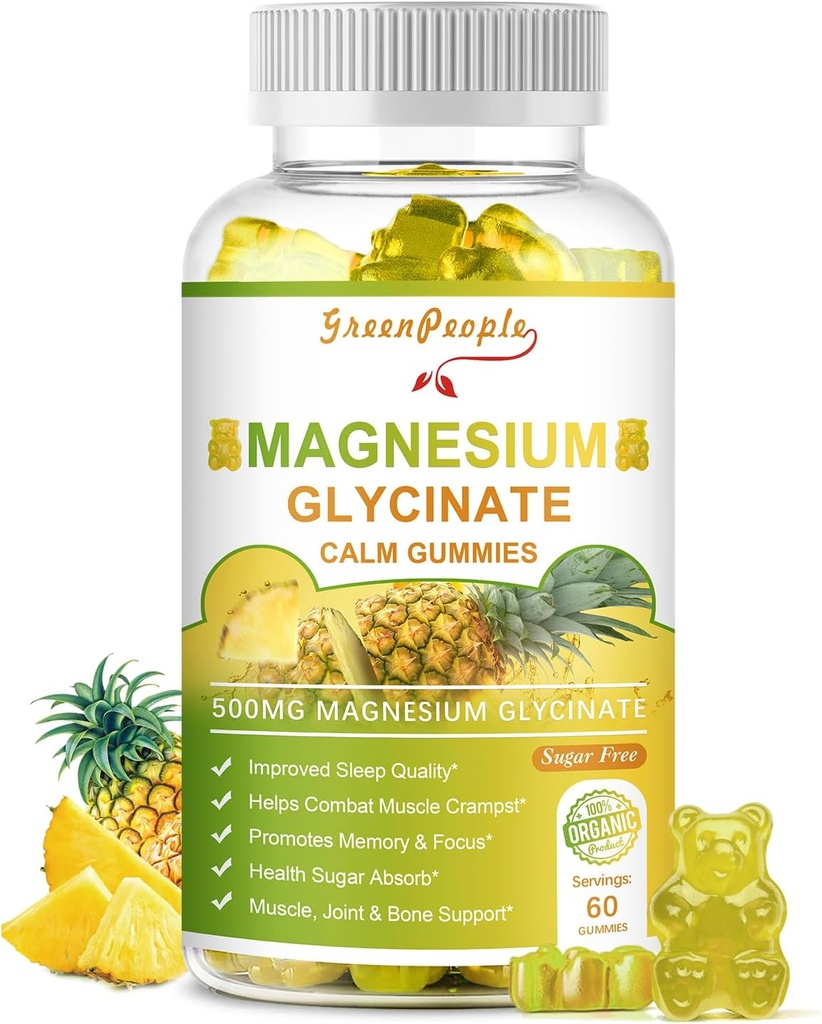 GREENPEOPLE Magnesium Glycinate Gummies med Citrate 1000mg, Taurate & Matale - Sugar Free - Magnesium Kalium supplement med D-vitamin, K2 for rolig mood & Zzz Support - 60 Ananas Gummies