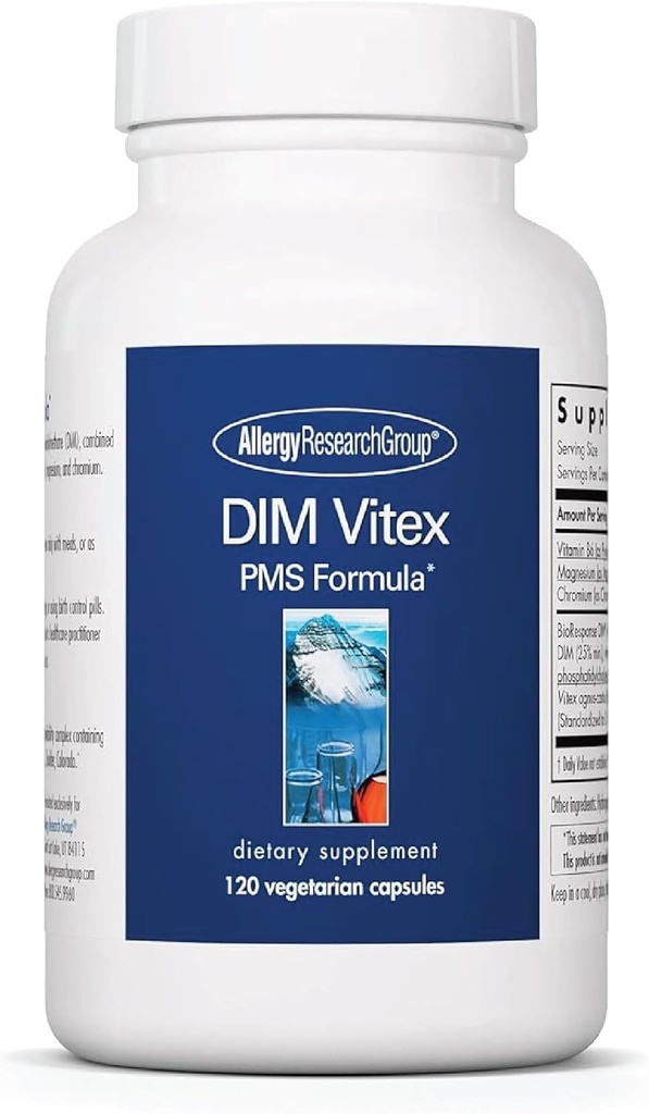 Allergy Research Group DIM Vitex Supplement - Understøtter sund hormon balance & menstruationscyklus, PMS formel, vitamin B6, Hypoallergen, Vegetariske kapsler, Soy- Free - 120 Greve