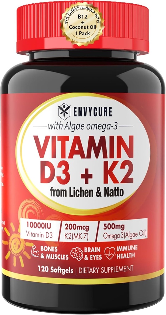 Plantbased Vitamin D3 K2 Supplement Softgel - Vit D3 10000 Iu + Vitamin K2 Mk7 200 Mcg, Algae Omega-3, Magnesium, Vitamin B12 For ben & muskel, immunforsvar, Max Absorption, Let at synke 1pack