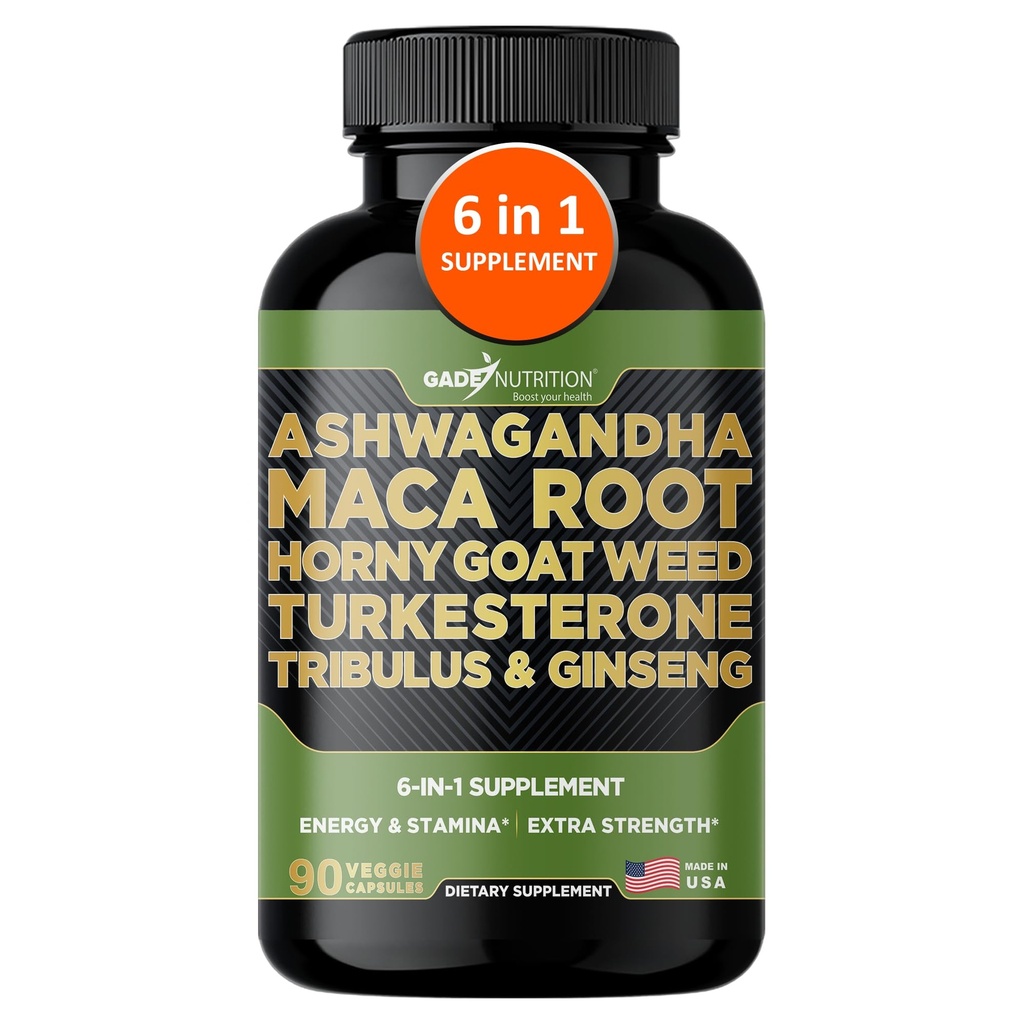 Gade Nutrition Ashwagandha med Maca Root, Horny Geat Weed, Turkesterone Supplement, Tribulus Terrestris, Panax Ginseng Budding- 124; 90 Vegetabilske kapsler til energi, Stamina, Performance.