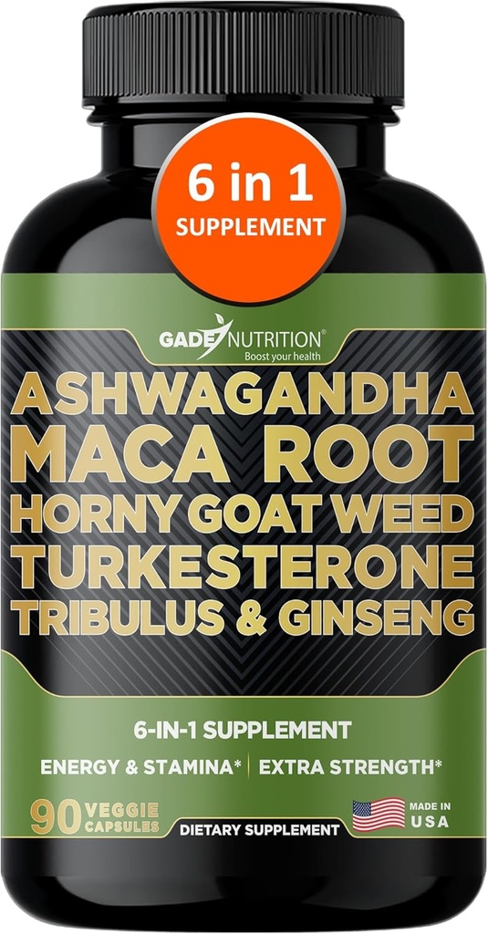 Gade Nutrition Ashwagandha med Maca Root, Horny Geat Weed, Turkesterone Supplement, Tribulus Terrestris, Panax Ginseng Budding- 124; 90 Vegetabilske kapsler til energi, Stamina, Performance.