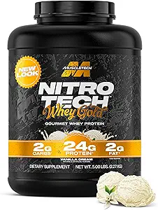 MuscleTech Whey Protein Powder (Vanilla Cream, 5LB) - Nitro- Tech Whey Protein Isolate Smoothie Mix for Lean Muscle & Recovery - 24g af Whey Gold for kvinder & mænd - Packaging May Vary
