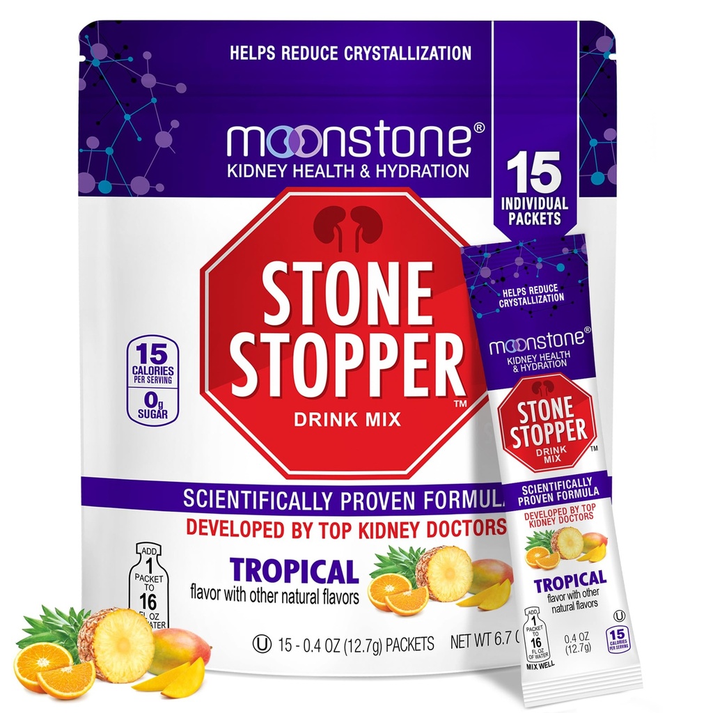 Moonstone Stone Stopper Drink Mix, Tropical, Nyre Stone Forebyggelse, Calcium Oxalate Protector, Udviklet af Urologer til at forbedre hydrering og støtte Nyre Sundhed, 15 dages forsyning