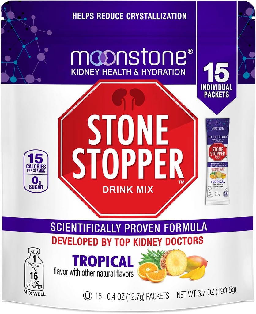 Moonstone Stone Stopper Drink Mix, Tropical, Nyre Stone Forebyggelse, Calcium Oxalate Protector, Udviklet af Urologer til at forbedre hydrering og støtte Nyre Sundhed, 15 dages forsyning