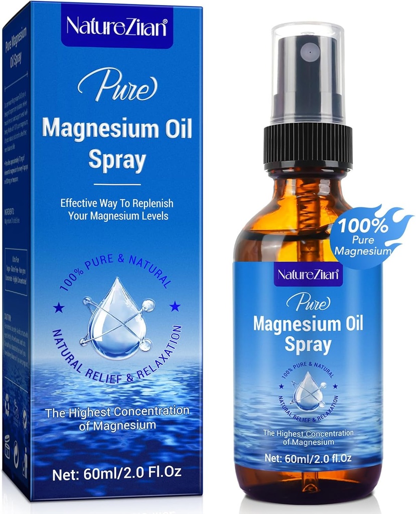 Magnesium Oil Spray- 100% Organic Natural Magnesium Spray- Nourish The Skin- Easy to Absorb and Use- Glass Flaske 2 fl oz