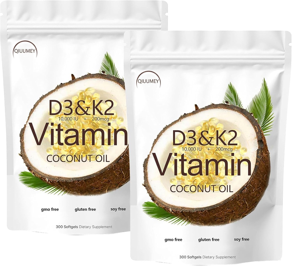 D3 + K2 Coconut Oil Soft Gels, Vitamin D3 10000 iu Plus K2 (MK- 7) 200 mcg, Vitamin D3 K2 Supplement Softels, Replenish Vitamin D3 K2 Coconut Oil Softgels 300 Gels