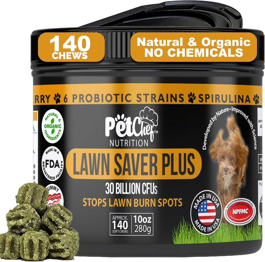 Pet Chef Lawn Saver, Soft Chew, Vegan Bacon! Canine Urin Yard Burn Stopper. Bygger garder, beskytter plante skader og hjælper med at vokse tilbage garder. Forebygger skader på Yard Pee