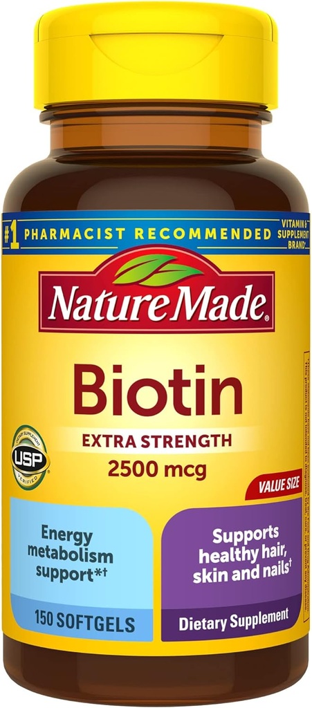 Nature Made Extra Strength Biotin 2500 mcg, Kosttilskud til sundt hår, Hud & Negle Support, 150 Softgels, 150 Day Supply