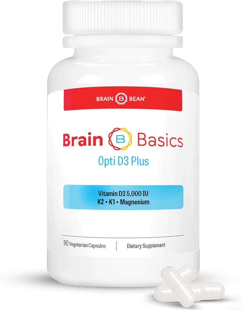 Brain Basic Opti D3 Plus - D3 5000 IE vitamin med K1, K2 og Magnesium - Brain Support Supplement for Mood, Mind, Memory - Knogler, muskler og immunforsvar - Gluten Free, Soy Free, og Dairy Free