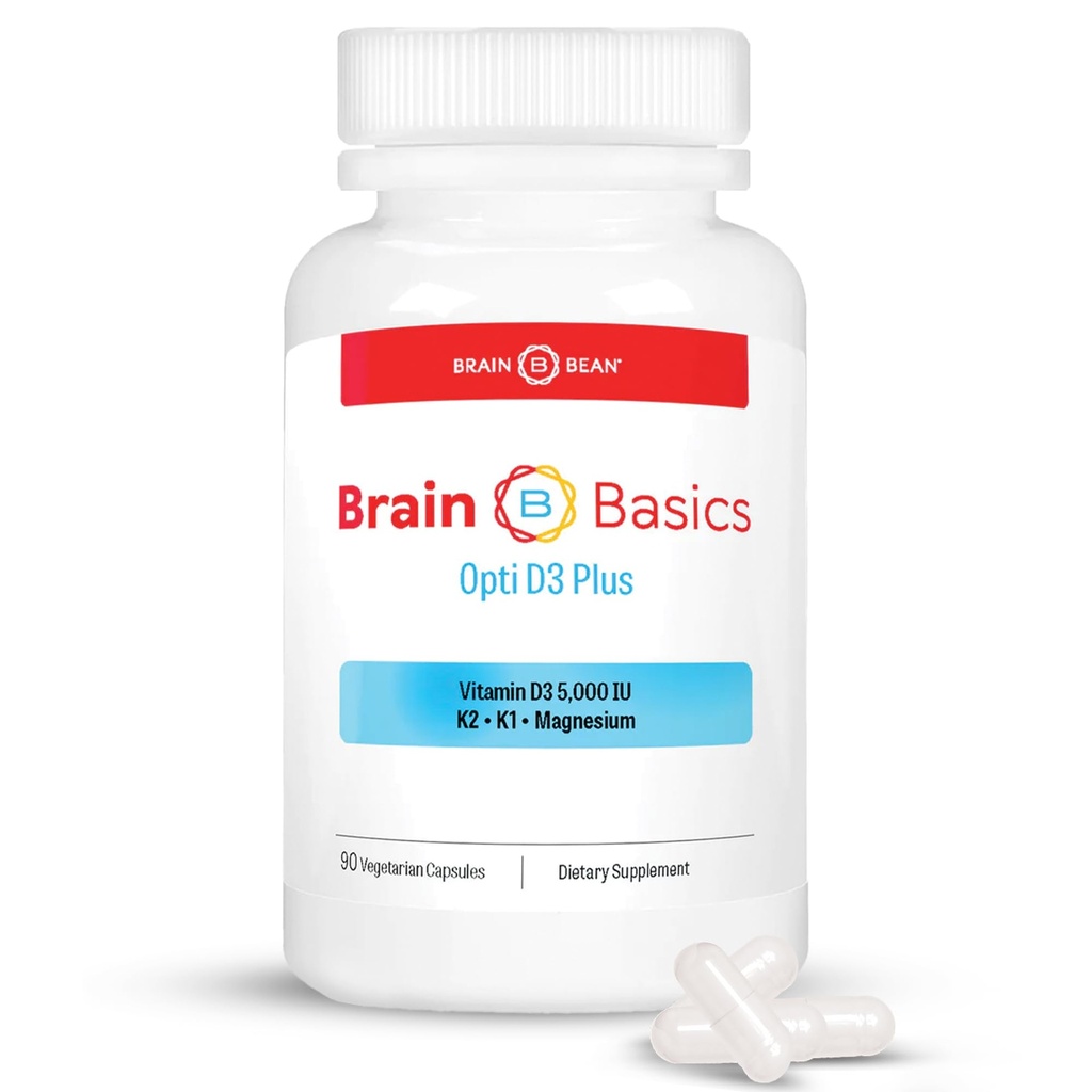 Brain Basic Opti D3 Plus - D3 5000 IE vitamin med K1, K2 og Magnesium - Brain Support Supplement for Mood, Mind, Memory - Knogler, muskler og immunforsvar - Gluten Free, Soy Free, og Dairy Free