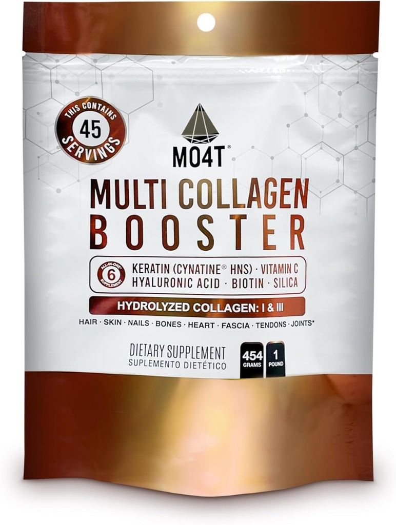 Multi Collagen Booster Powder - Ekstra styrke Collagen tillæg med tilsat Keratin, Biotin, Hyaluronsyre, C-vitamin & silica - Ekstra næringsstoffer til hår, negle, & hud -1 pound