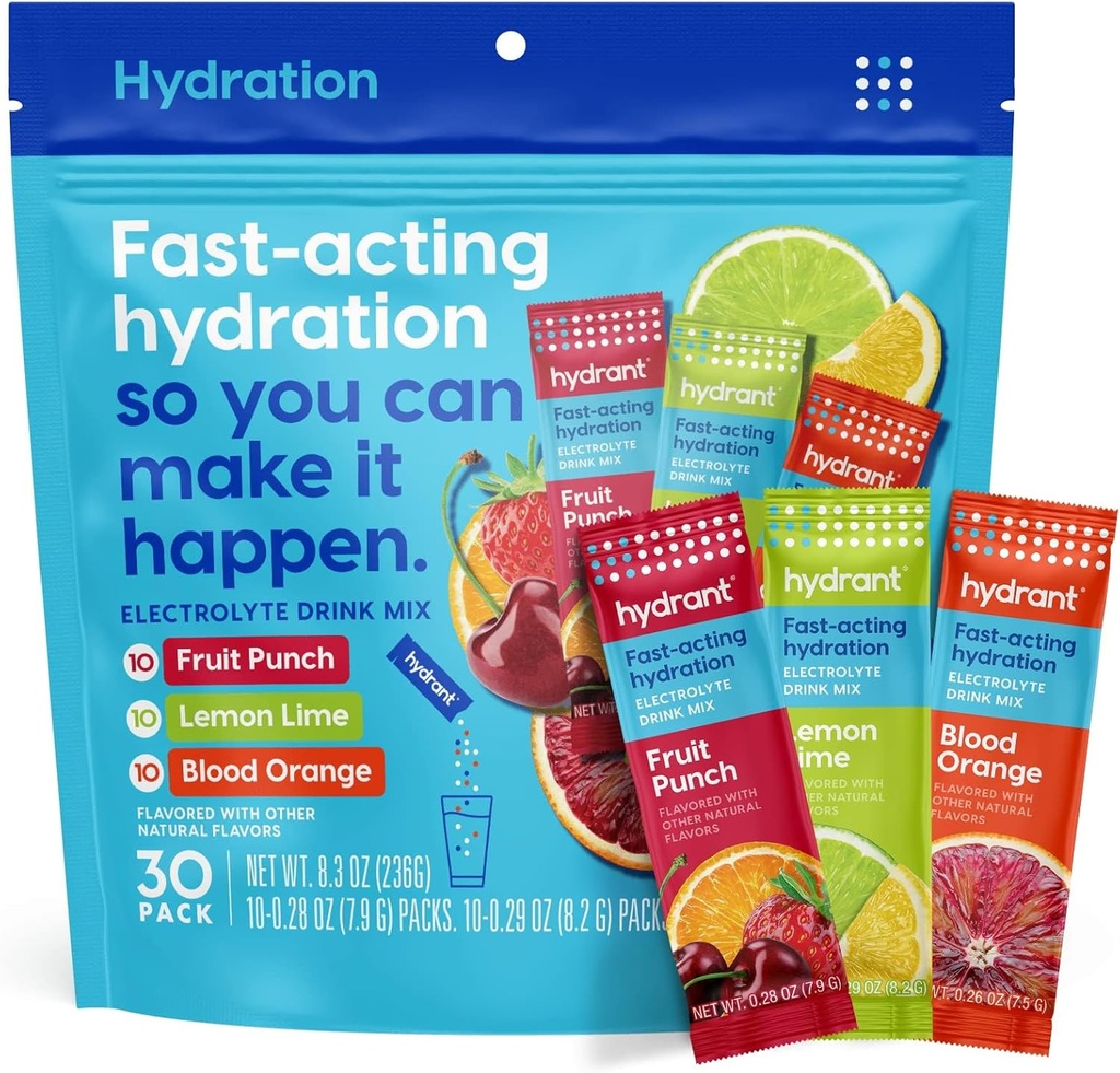 Hydrant - Hydration Powder Variety Pack, 30 Individuel Instant Electrolyte Rehydration Pakninger - Lavt sukker drik mix til daglig brug, Rejser og træning