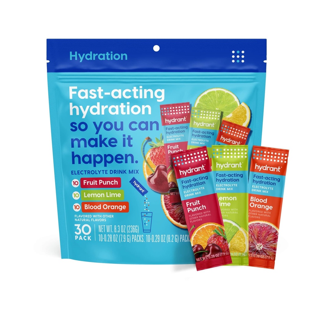 Hydrant - Hydration Powder Variety Pack, 30 Individuel Instant Electrolyte Rehydration Pakninger - Lavt sukker drik mix til daglig brug, Rejser og træning