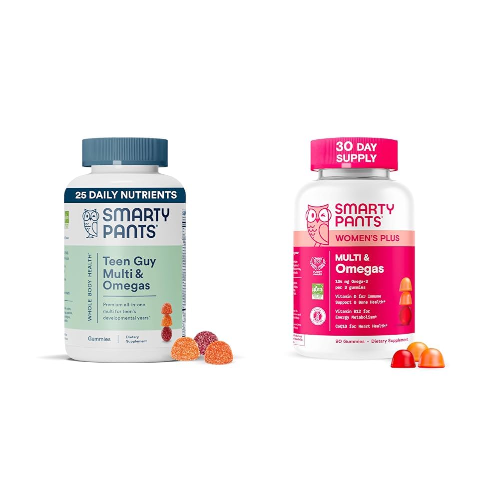 SmartyPants Kvinder og Teen Guy Multivitamin Gummies Bundle: Omega 3 (DHA / EPA), Methylfolat, CoQ10, Vitamin D3, C, Vitamin B12, B6, Vitamin A, K & Zink, Gluten Free (30 Day Supply)