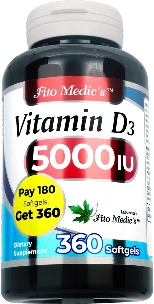 FITO MEDIC 'S Lab - Vitamin d - 5000 IE af - Vitamin d3- 360 Softgels - Vitamin d3 5000 iu - for ben, tænder, muskel og immunforsvar støtte, Ultra høj Absorption, vitamina d3.