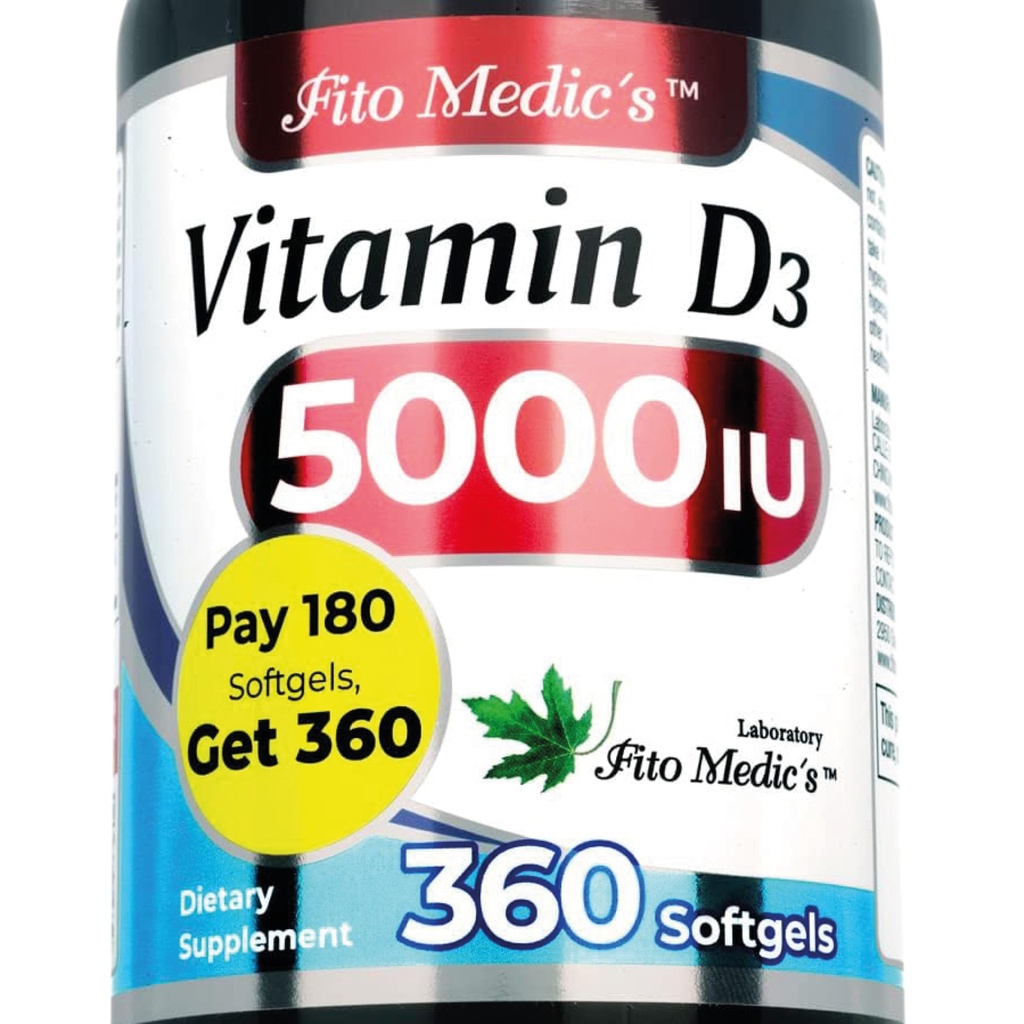 FITO MEDIC 'S Lab - Vitamin d - 5000 IE af - Vitamin d3- 360 Softgels - Vitamin d3 5000 iu - for ben, tænder, muskel og immunforsvar støtte, Ultra høj Absorption, vitamina d3.