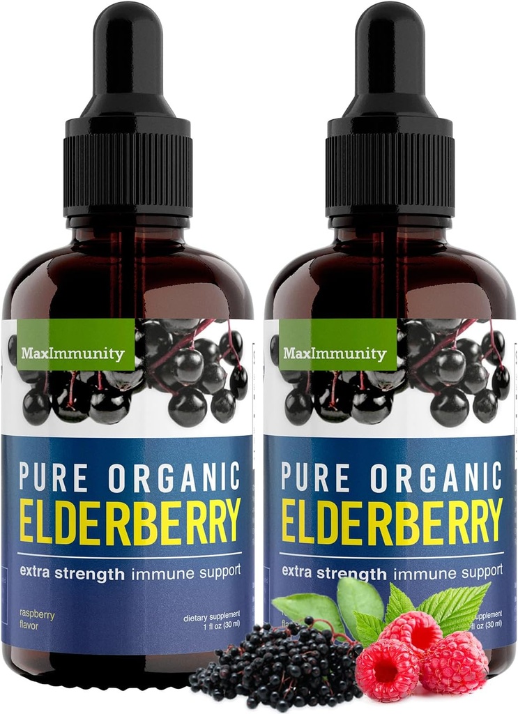 Organic Elderberry Syrup, 60 dages forsyning, Black Liquid Drops til immunforsvar, Sambucus Elderberry Syrup - Flydende Extract Drops til børn og voksne - Ekstra styrke (2 Pack)