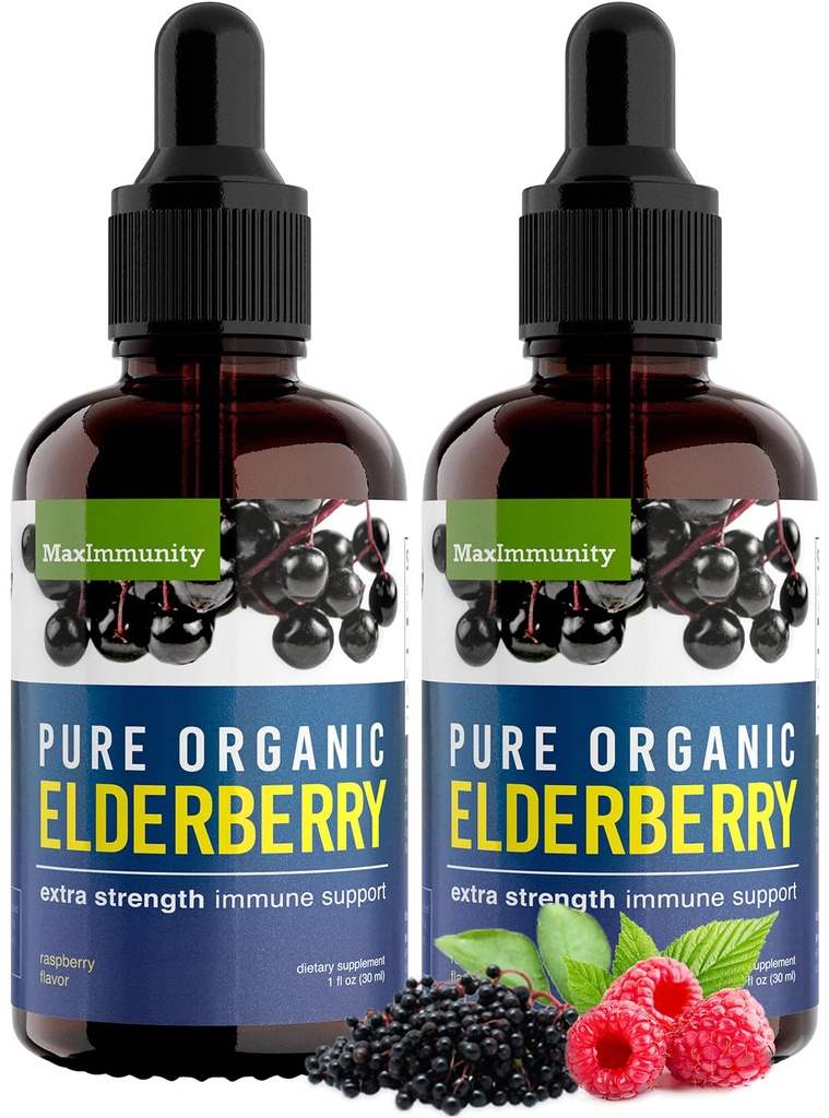 Organic Elderberry Syrup, 60 dages forsyning, Black Liquid Drops til immunforsvar, Sambucus Elderberry Syrup - Flydende Extract Drops til børn og voksne - Ekstra styrke (2 Pack)