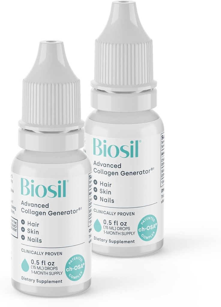 Biosil Collagen Booster Supplement - 0.5 fl oz Drops, Pack af 2 - Patenteret ch- OSA Activator for hud, hår, negle & Joints - Understøtter naturlig produktion - 60- Day Supply