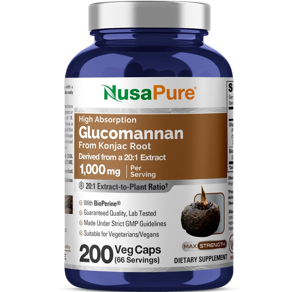 NusaPure Glucomannan 1000 mg per servering 200 Veg Caps (BioPerine, non- GMO, Vegan) Konjac Root