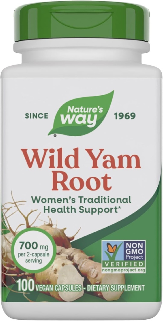 Nature 's Way Wild Yam Root Capsules, Women' s Traditional Health Support *, 700 mg pr. 2-capsule Serving, Non- GMO Project Verified, 100 Vegan Capsules (Packaging May Vary)