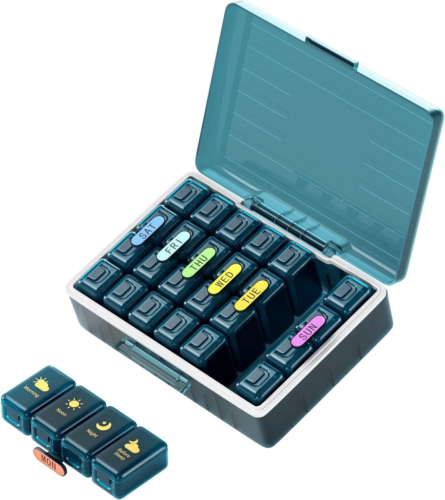 Ugentlig Pill Organizer 4 gange om dagen, Store kompartmenter Pill Box 4X 7 dag, Medicin Organizer Pill sag for piller / vitaminer / fiskeolier / Medicin / Kosttilskud (4x7 Blå)