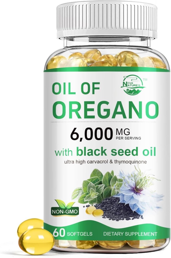 Naturens levende Olie af Oregano med Black Seed Oil, 2 i 1 Oregano tillæg for immunforsvar, Bevarer høj koncentreret Carvacrol & Thymoquinone, non-GMO, 60 Softgels, 1 Pack