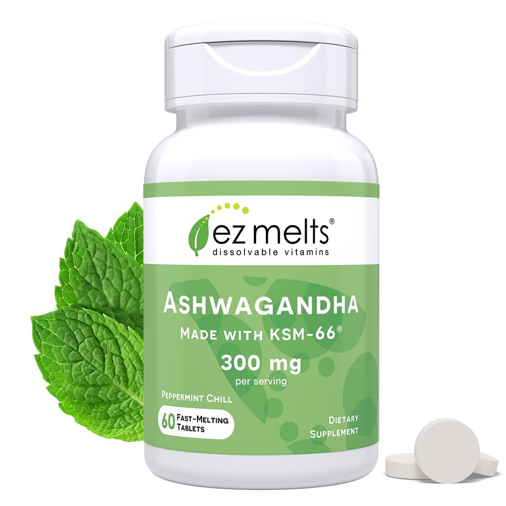 EZ smelter opløselig KSM- 66 Ashwagandha, 300 mg, Sugar- Free, Stress, Sleep and Mood Support, 30- Day Supply, Pebermynte chill- Flavor - 1 Pack