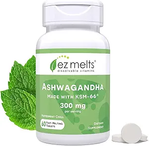 EZ smelter opløselig KSM- 66 Ashwagandha, 300 mg, Sugar- Free, Stress, Sleep and Mood Support, 30- Day Supply, Pebermynte chill- Flavor - 1 Pack
