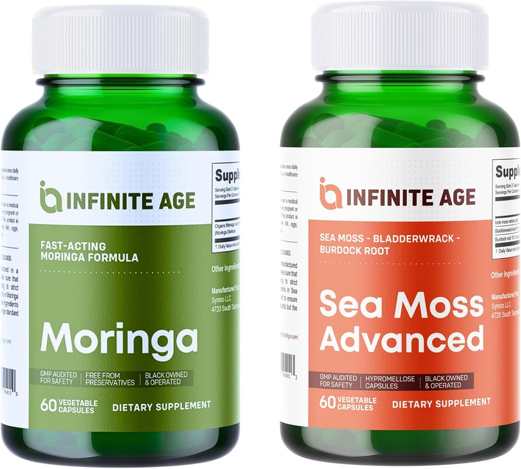 INDEX AGE Wellness Bundle - Sea Moss Advanced 1250mg, Moringa Powder Organic Supplement 1000mg - Made in The USA