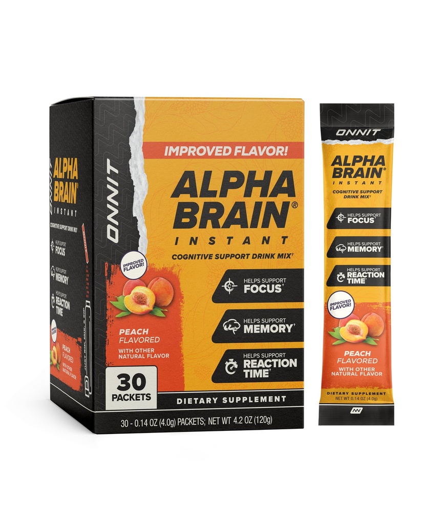 ONNIT Alpha Brain Instant Peach Flavor - Nootrop Brain Booster Memory Supplement - for Focus, Energy & Clarity - Alpha GPC Cholin, Katte Claw, L-Theanine, Bacopa - 30ct
