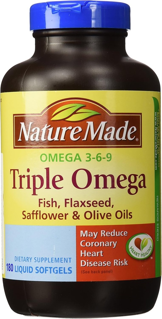 Nature Made Triple Omega 3 6 9 - Fisk, Flaxseed, Saflor & Olivenolie - 180 Softgels