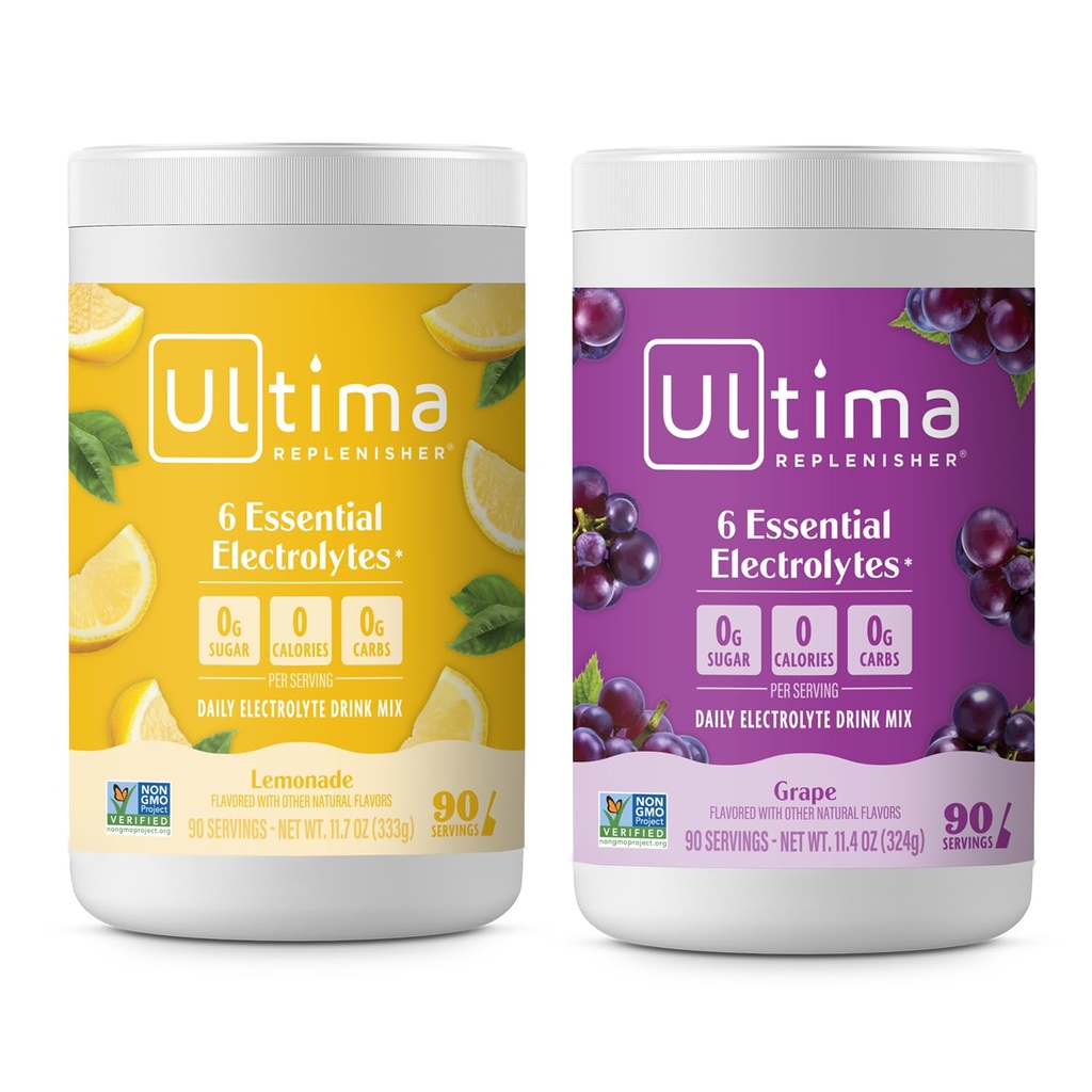 Ultima Replenisher Electrolyte Powder Drink Bundle - Sugar Free - Lemonade og Grape, 90 Servering - Hydrering Powder - 6 Key Electrolytes and Trace Minerals - Keto Friendly, Ikke-GMO