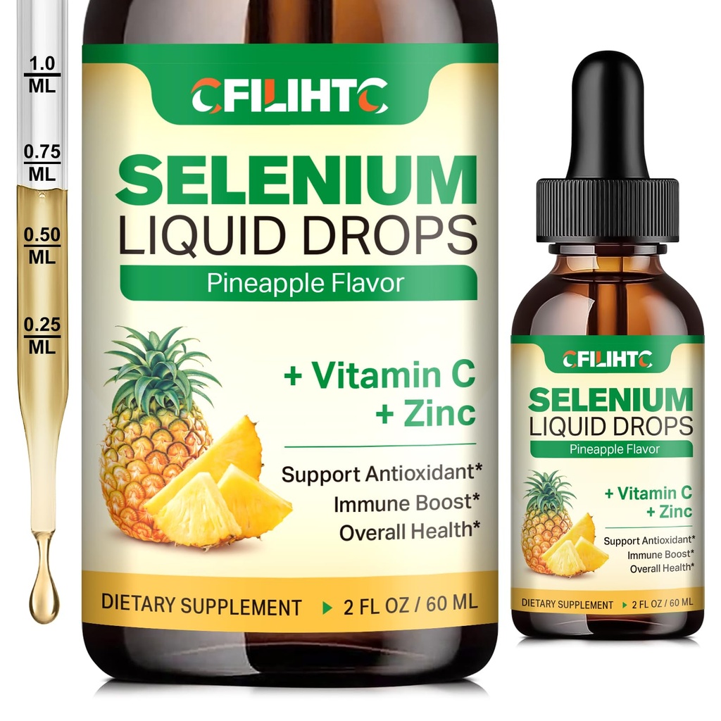 Selen Liquid Drops, 200mcg Liquid Selen Supplement med C-vitamin & Zink, Support for Immunsystemet, Antioxidant & Heart Health, Høj Absorption, Ananas Aromatic, 2 Fl Oz