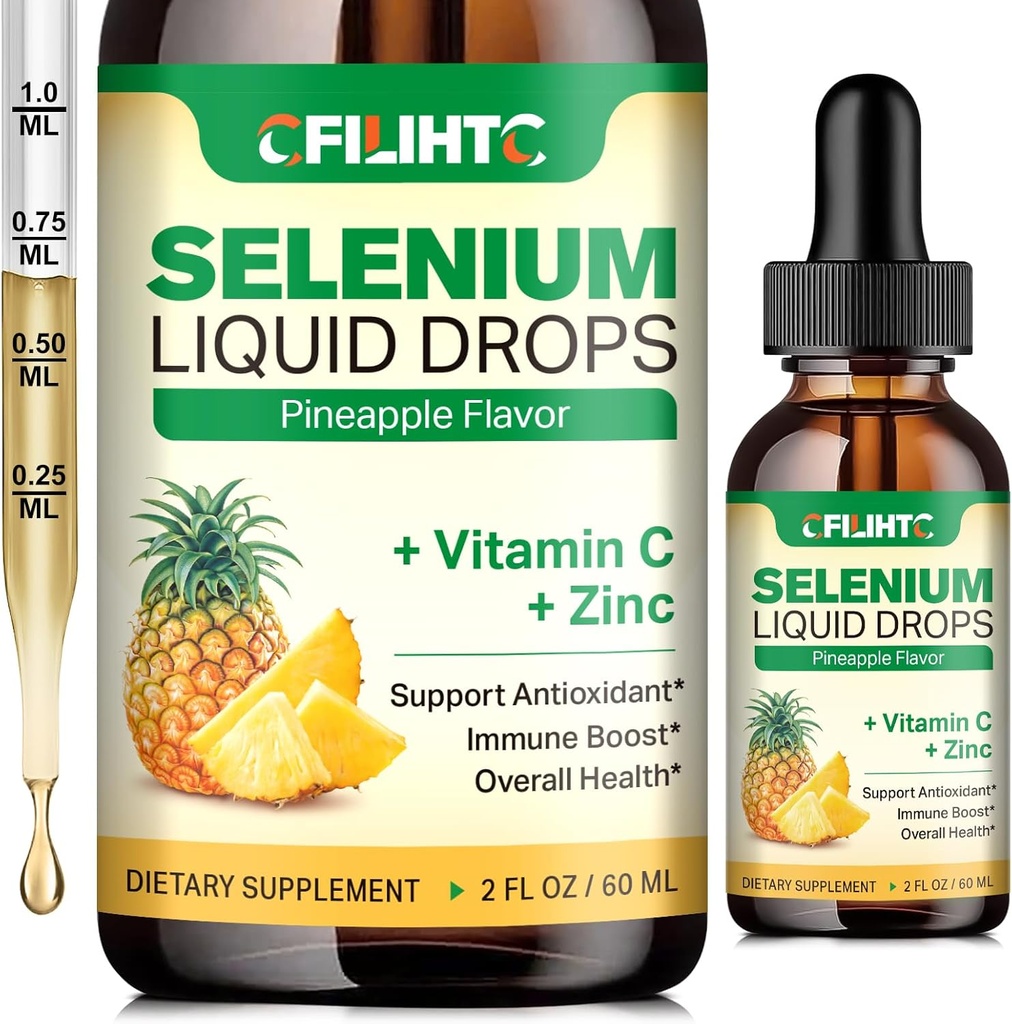 Selen Liquid Drops, 200mcg Liquid Selen Supplement med C-vitamin & Zink, Support for Immunsystemet, Antioxidant & Heart Health, Høj Absorption, Ananas Aromatic, 2 Fl Oz