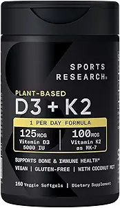 Sports Research Vitamin D3 K2 med 5000iu af Plant- baserede D3 & 100mcg af Vitamin K2 som MK- 7, Non- GMO Verified & Vegan Certified - 160 flydende bløddele