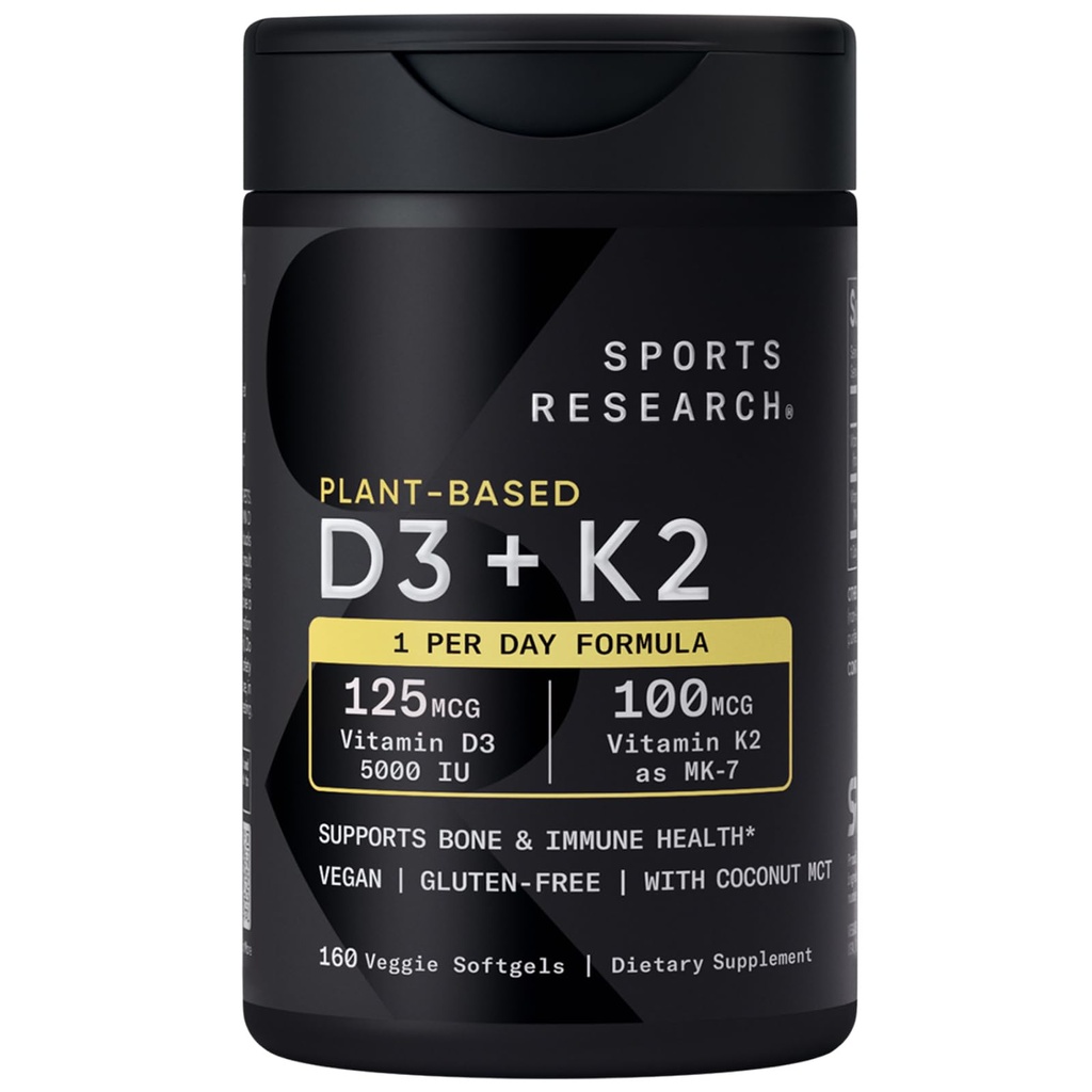 Sports Research Vitamin D3 K2 med 5000iu af Plant- baserede D3 & 100mcg af Vitamin K2 som MK- 7, Non- GMO Verified & Vegan Certified - 160 flydende bløddele