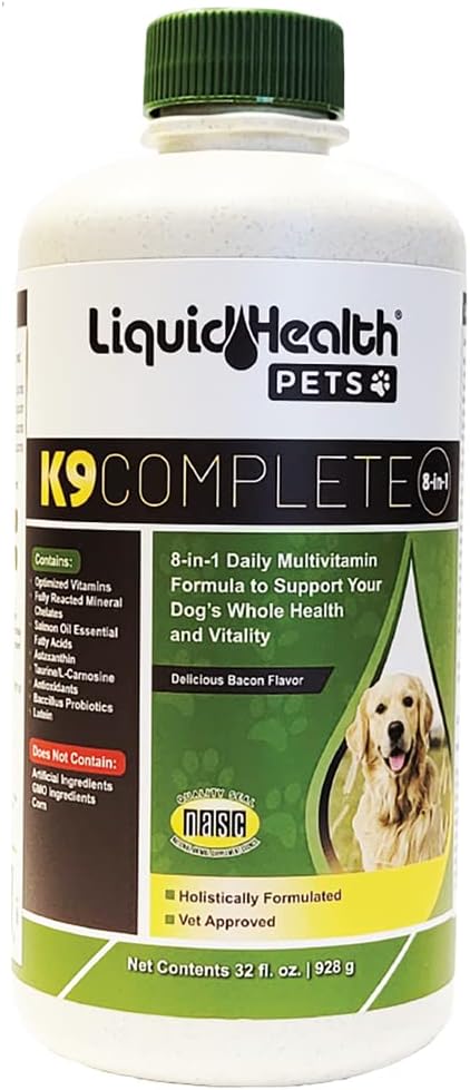 LIQUIDSUNDHED Kæledyr K9 Komplet 8- in-1 Flydende Multivitamin til voksne ældre hunde & hvalpe, Alt i én komplet formel Canine Vitaminer til hud & Coat, fælles sundhed, immunforsvar - USA Made (32 oz)