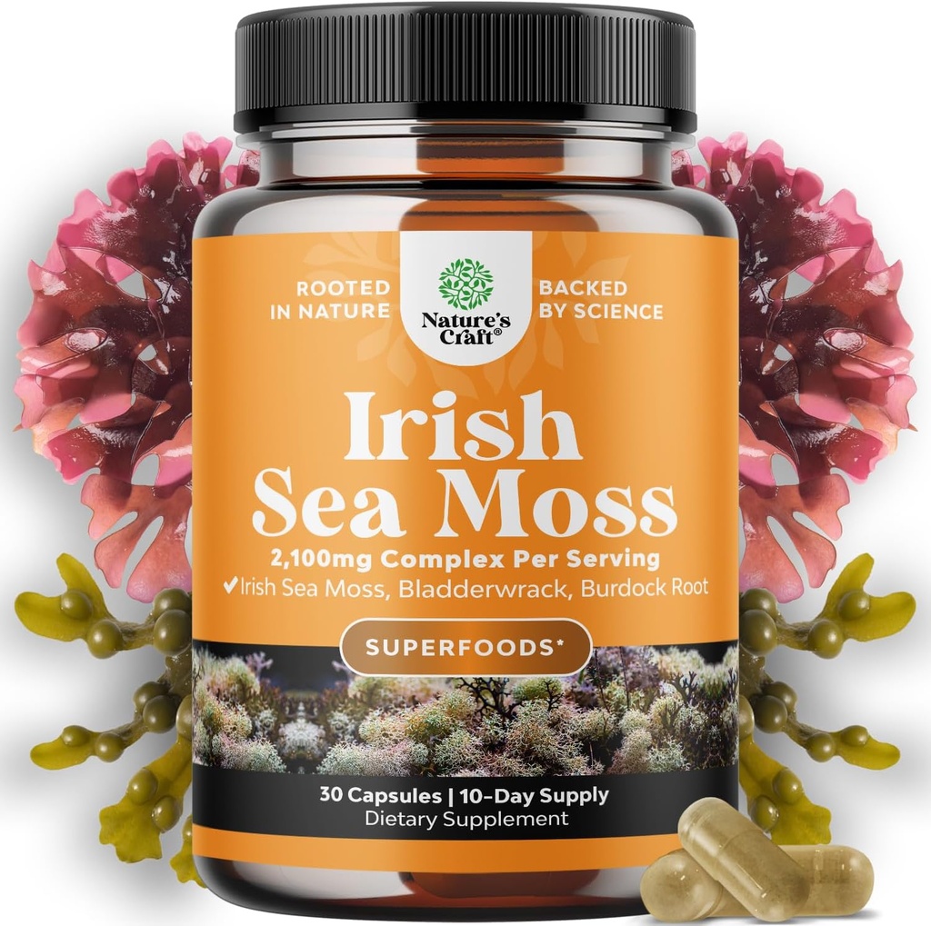 Organic Irish Sea Moss Capsules - Sea Moss og Bladderwrack Capsules med Burdock Root Superfood Blend til immunforsvar hjerte sundhed Fertilitet fælles sundhed og thyreoidea støtte til kvinder og mænd