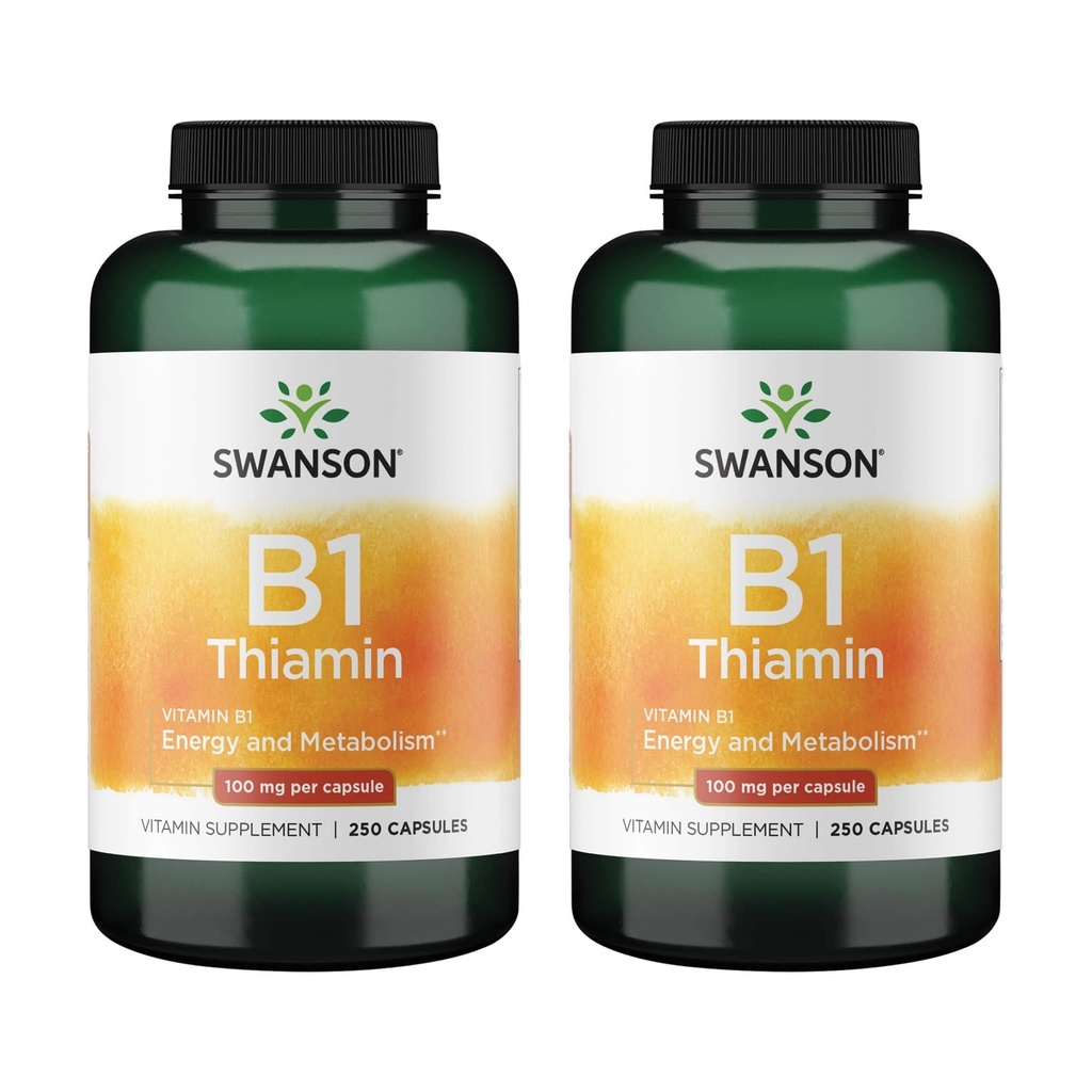 Swanson vitamin B1 (Thiamin) - fremmer sund stofskifte og giver energistøtte - Natural Vitamin Supplement Support Optimum Nerve Cell Funktion - (250 kapsler, 100 mg hver) (2 Pack)