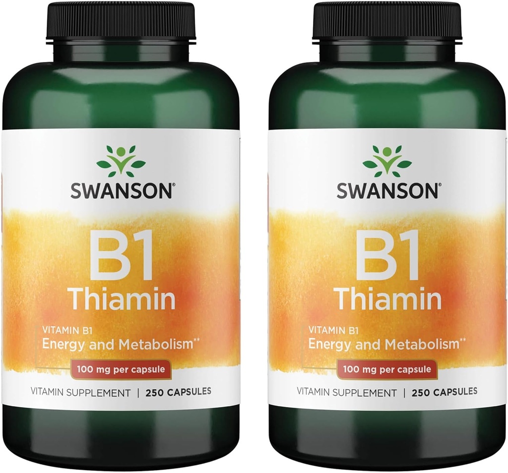 Swanson vitamin B1 (Thiamin) - fremmer sund stofskifte og giver energistøtte - Natural Vitamin Supplement Support Optimum Nerve Cell Funktion - (250 kapsler, 100 mg hver) (2 Pack)