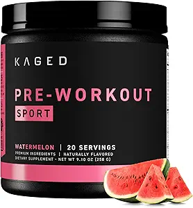 Kaged Sport Pre Workout Pulver til mænd og kvinder, Watermelon, Sport Certified, 188mg Koffein, Nitrogenoxid tillæg, Beta-alanin til energi, Vægtløftning, Cardio Endurance & Styrke, 20 Serveringer
