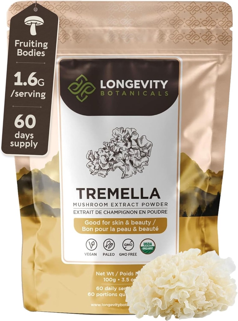 Organic Tremella Mushroom Powder Supplement 100g Beeg 124; Pure Fruiting Body 10: 1 High Strength Snow Svamp Extract XXX124; 10% Beta- D Glucans • 124; 16,600 mg rå ækvivalent Per Serving • 124; Skin Hydration & Brain Support