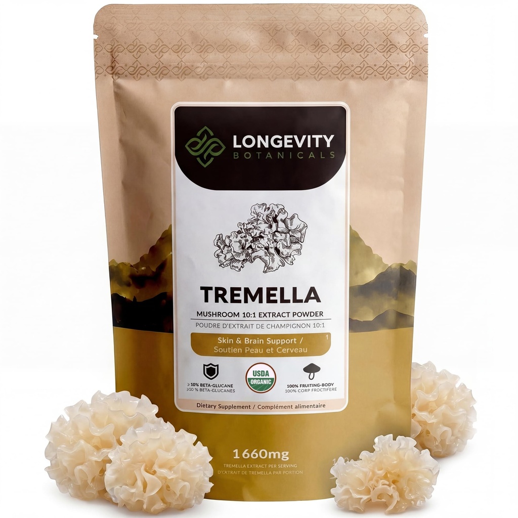 Organic Tremella Mushroom Powder Supplement 100g Beeg 124; Pure Fruiting Body 10: 1 High Strength Snow Svamp Extract XXX124; 10% Beta- D Glucans • 124; 16,600 mg rå ækvivalent Per Serving • 124; Skin Hydration & Brain Support