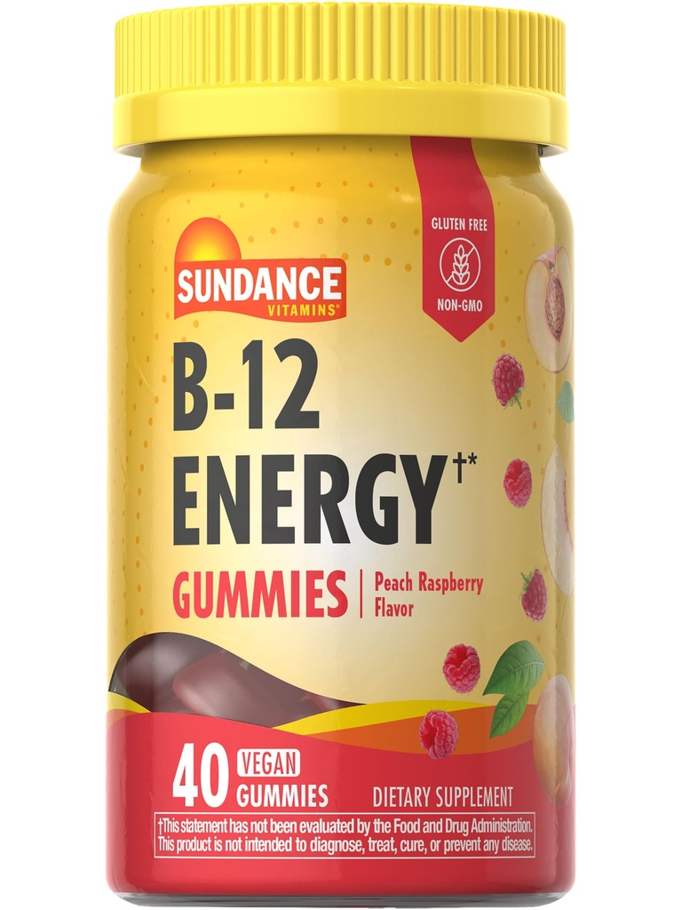 Sundance Vitamin B-12 Energy Gummies Note 124; 40 Greve Note 124; Peach Raspberry Flavor Note 124; Vegan, Non- GMO, og Gluten Free Supplement