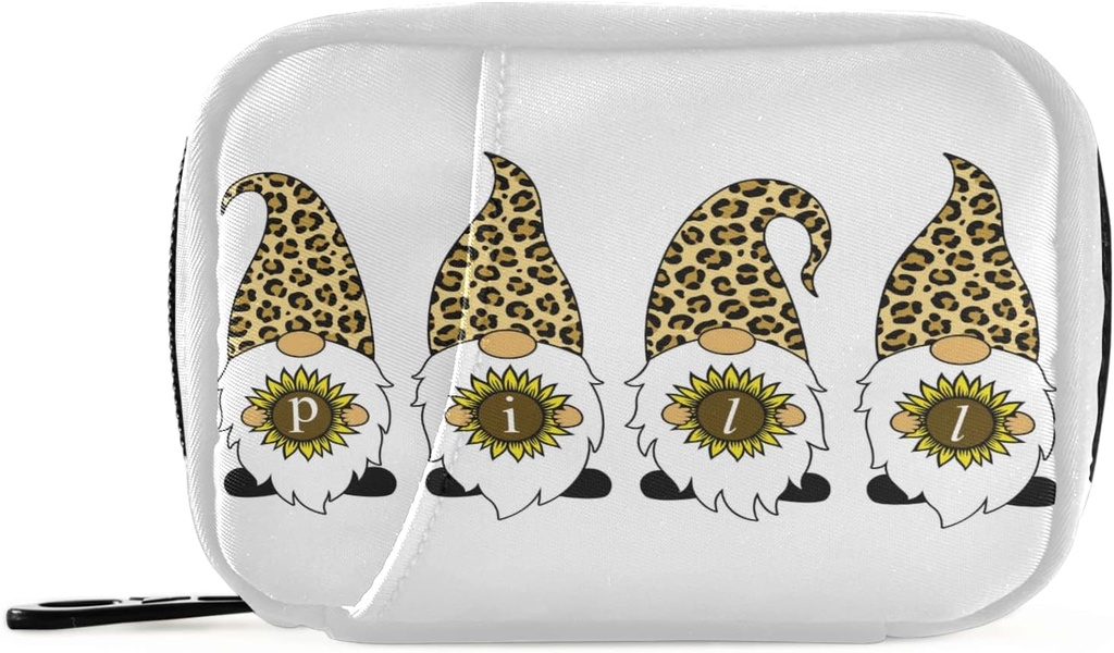 Leopard Gnomes Sunflower Pill Box 7 Day Pill Case Travel Pill Organizer Bag with Zipper Portable Weekly Case Compact Size for Vitamin Supplement Holder